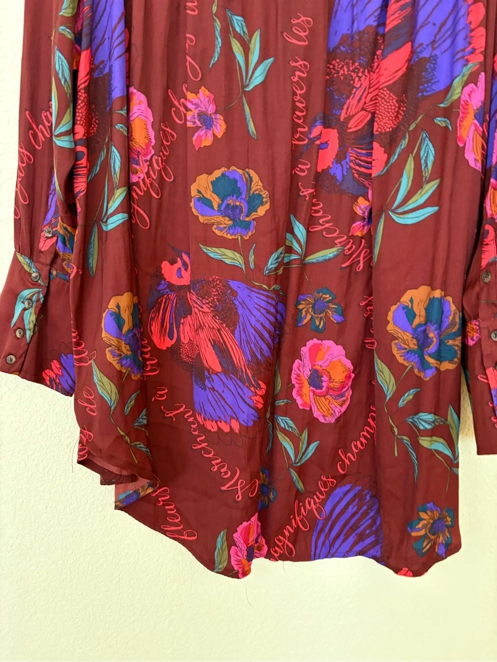 Free People Silky Night Burgundy Blue Floral Print Oversized Button-Down Shirt M